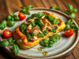 Esfiha Aberta de Frango ao Pesto
